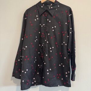 Anne Carson Button Up Shirt Long Sleeve Embroidered Floral Linen Cottagecore 2X